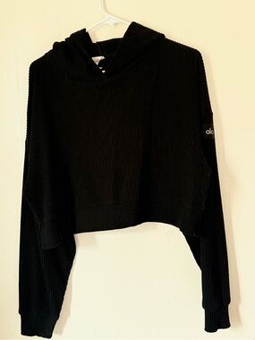 ALO Yoga Black Cropped Ribbed Hoodie